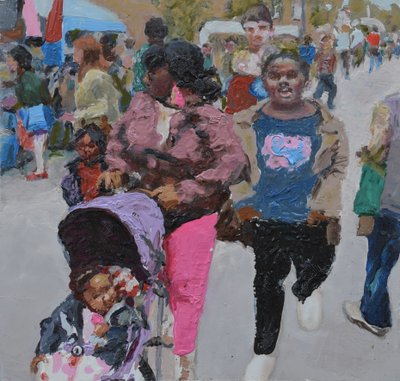 Compras em família (Deptford, Londres), 2018 (óleo sobre cartão) de Trevor Burgess