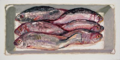 Caixa de peixe 1 (Billingsgate, Londres), 2016 (óleo sobre cartão) de Trevor Burgess