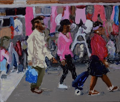 Compradores do mercado (Deptford, Londres), 2018 (óleo sobre cartão) de Trevor Burgess