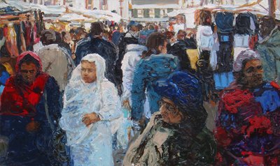 Compradores do mercado (Ridley Road, Londres), 2011 (óleo sobre tela) de Trevor Burgess