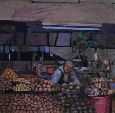 Barraca de batatas (Quito, Equador), 2015 (óleo sobre tábua) de Trevor Burgess