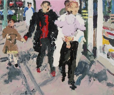 Compradores com crianças, 2003 (óleo sobre cartão) de Trevor Burgess