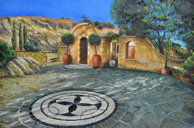 Capela Lyndos, Rodes, Grécia, 2024 (óleo sobre tábua) de Trevor Neal