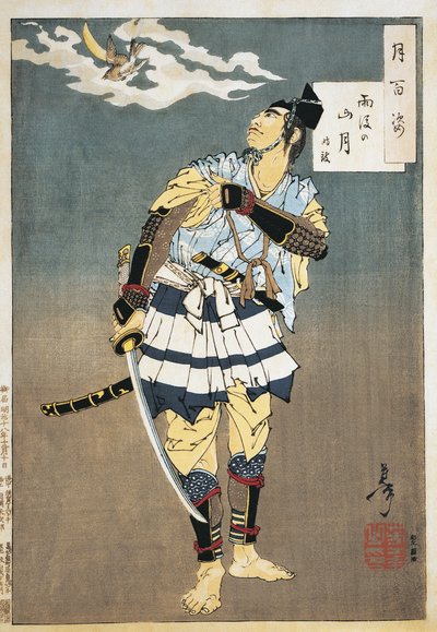 Grande plano de um samurai segurando uma espada de Tsukioka Yoshitoshi