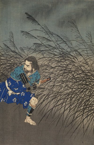 Fujiwara no Yasumasa a tocar flauta ao luar de Tsukioka Yoshitoshi