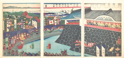 Hideyoshi e as suas tropas a sair do acampamento de Nagoya (Mashiba Hideyoshi kō nagoya jin saki te no shoshō kuridashi no zu) de Tsukioka Yoshitoshi