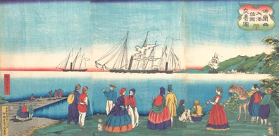 Ilustração de um grande comércio portuário francês com muitas nações Furansukoku oomi..., 4º mês, 1866. de Tsukioka Yoshitoshi