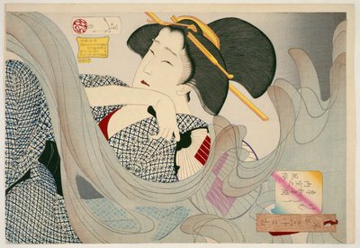 Uma Dona de Casa da Era Kyowa Kemuso Kyowa nenkan naishitsu no fuzoku, 1880 (impressão em xilogravura) de Tsukioka Yoshitoshi