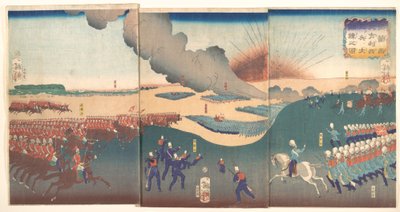Manobras de três categorias de soldados franceses e ingleses (Furansu Igirisu sanhei ōchōren no zu) de Tsukioka Yoshitoshi