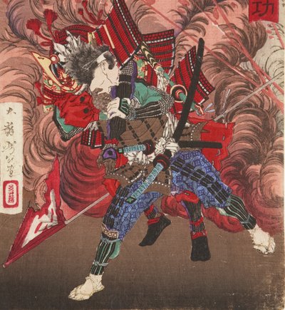 Okubo Hikozaemon resgatando Tokugawa Ieyasu no campo de batalha, 1881 (xilogravura) de Tsukioka Yoshitoshi