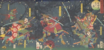 Plum Blossoms in the Forest of Ikuta, da série Bravery-Beauty of the four seasons ..., 1867. de Tsukioka Yoshitoshi