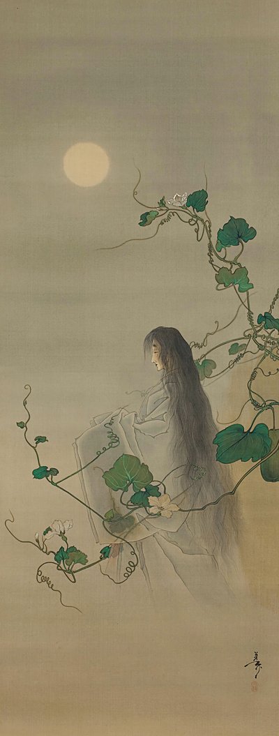 O espírito do falecido Yugao entrelaçado em vinhas da flor da lua..., ca. 1892. de Tsukioka Yoshitoshi