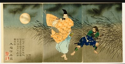 Tríptico de "Fujiwara no Yasumasa tocando flauta ao luar", 1883 de Tsukioka Yoshitoshi