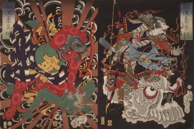 Guerreiro na Caveira e Kintoki vencendo um Demônio, da Série Valor na China e no Japão de Tsukioka Yoshitoshi