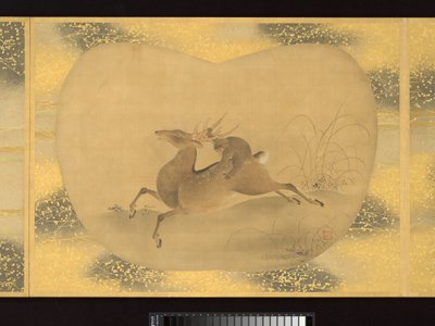 Álbum de pinturas de figuras, pássaros e flores em forma de leque de Tsunenobu Kano