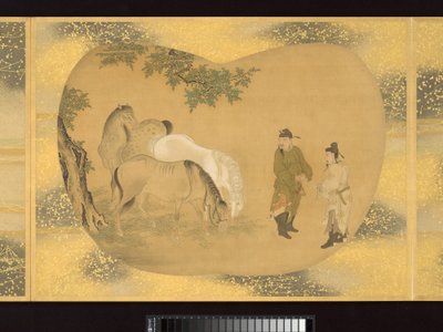 Álbum de pinturas de figuras, pássaros e flores em forma de leque de Tsunenobu Kano