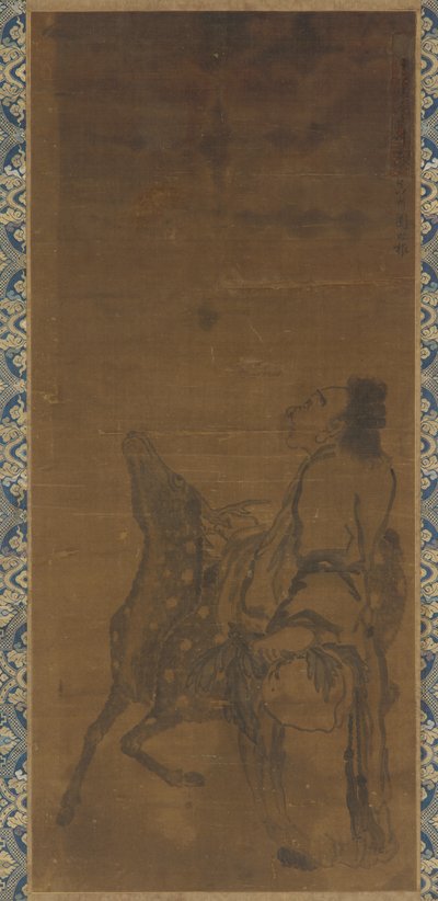 Um imortal e um cervo olhando para um dragão no alto de Tuan Shigen