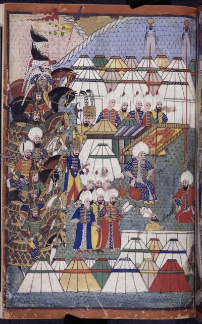 Acrescentar. 22011 f.199, Lala Mustafa Pasha no acampamento após a sua vitória em Kars-Nusretname, de 