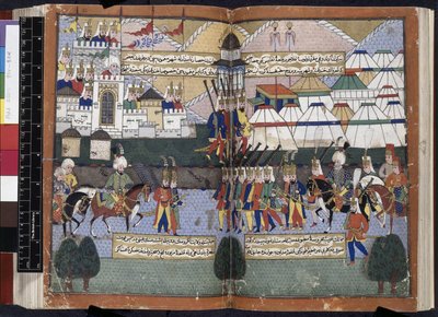 Adicionar. 22011, ff.81v-82, exército otomano de Lala Mustafa Pasha desfilando diante das muralhas de Tíflis de 