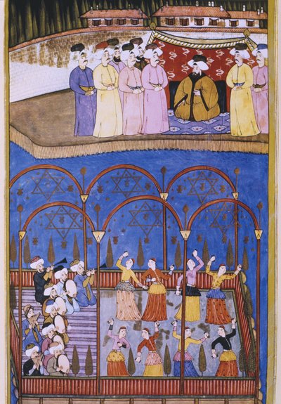 Dançarinos e músicos antes do sultão e sua corte, de Sur-Nama de Turkish School