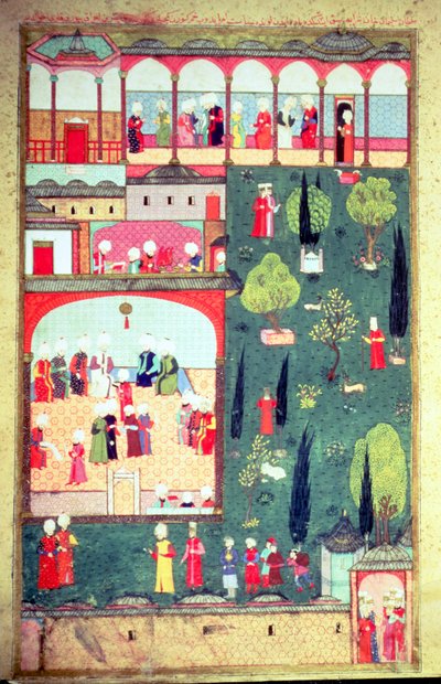 H 1524 f.242r Conselho de Ministros no Palácio de Topkapi, do &39;Hunername&39; de Lokman, 1588 de Turkish School