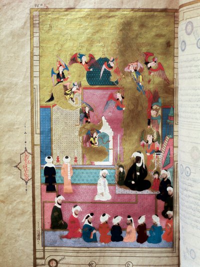 O profeta Muhammad (Maomé ou Muhammad) (570-632) (rosto coberto) durante o Mirac, sua ascensão ao sétimo céu Miniatura do manuscrito "Zubdat al-Tawarikh" (ou Zubdat al Tawarikh) do historiador Seyyid Loqman Ashuri sob a reminiscência de Murad III (1 de Turkish School