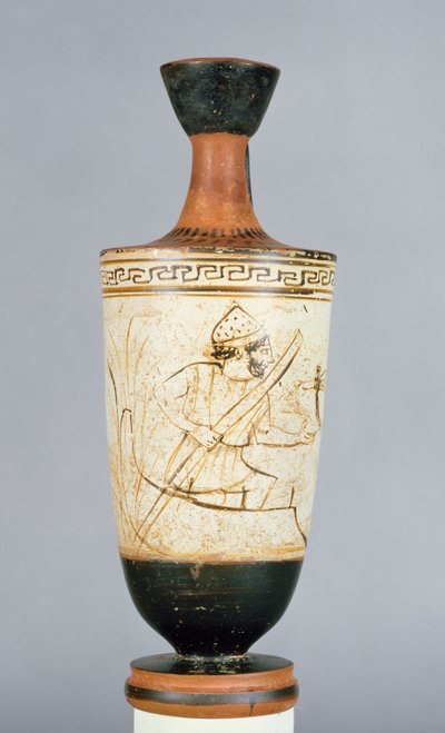 Lekythos áticos de fundo branco decorados com Charon, o barqueiro do Submundo recebendo a alma de uma pessoa morta, de Atenas, c.475-425 aC (cerâmica) de Tymbos Painter