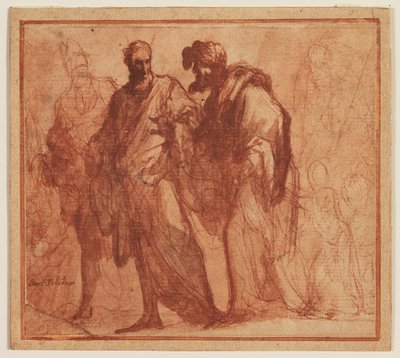 Quatro homens andantes, um possivelmente Moisés, e Putti de Ubekendt