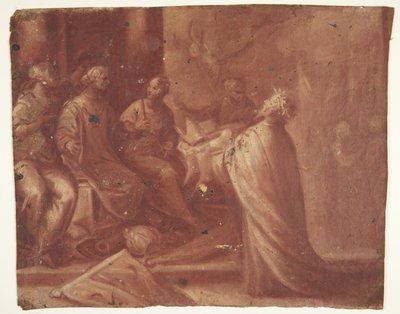 Jesus entrega uma mitra a uma mulher em um trono cercada por duas mulheres (alegoria) de Ubekendt