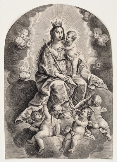 Virgem Maria na nuvem, com o menino Jesus, cetro e coroa de Ubekendt