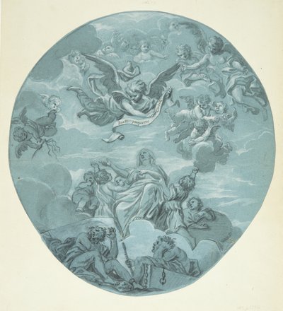 Uma santa nas nuvens, cercada por putti, acima de seus filhos angelicais e um anjo segurando um pergaminho com a inscrição: Beati pauperes spiritu de Ubekendt Ubekendt