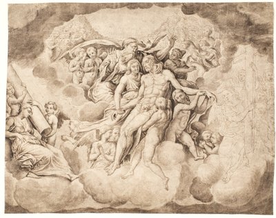 Deus Pai e as hostes celestiais lamentando sobre o corpo de Cristo de Ubekendt Ubekendt
