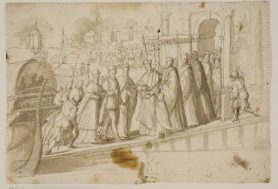 O rei Henrique III, o doge Alvise Mocenigo e o cardeal San Sisto foram recebidos pelo patriarca veneziano Giovanni Trevisan no Lido em Veneza de Ubekendt Ubekendt