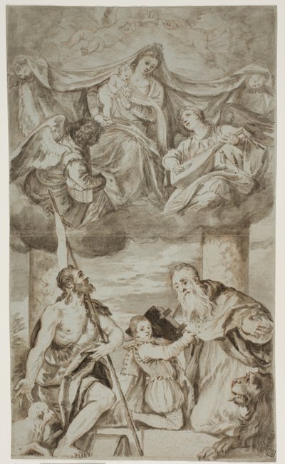 A Virgem e o Menino entre os anjos nas nuvens com São João Batista e São Jerônimo, após a pintura de Paolo Veronese anteriormente em S. Francesco della Vigna, Veneza de Ubekendt Ubekendt