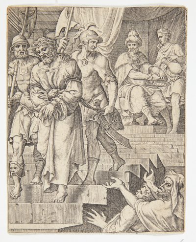 Pilatos lavando as mãos de Ubekendt efter Dirck Volckertsz. Coornhert efter Maarten van Heemskerck