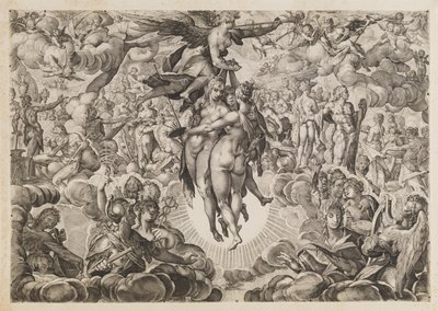 Pintura, escultura e arquitetura, banidos pelos turcos, retirados para o Olimpo de Ubekendt efter Jan Muller; H. Goltzius; Ae. Sadeler og Lucas Kilian efter Bartholomeus Spranger