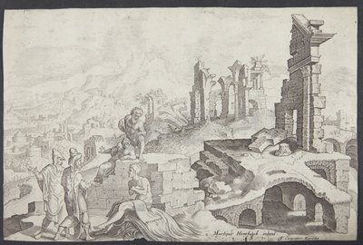 Job no monturo com sua esposa e três amigos de Ubekendt efter Maarten van Heemskerck