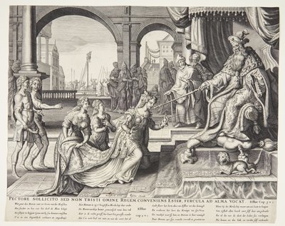 Ester diante de Assuero, convidando-o para um banquete de Ubekendt efter Philips Galle efter forlæg af Maarten van Heemskerck