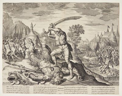 David cortando a cabeça de Golias de Ubekendt efter ubekendt efter Maarten van Heemskerck