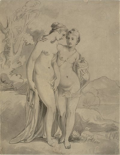 Duas ninfas em uma paisagem de Ubekendt engelsk kunstner 1820