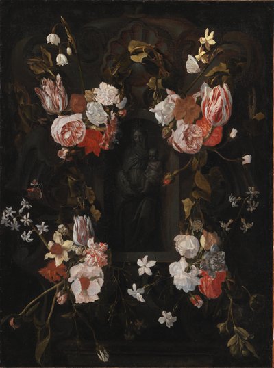 Uma cartela de pedra com a Virgem Maria e o Menino Jesus em um nicho cercado por uma guirlanda de flores de Ubekendt flamsk 1600 tallet