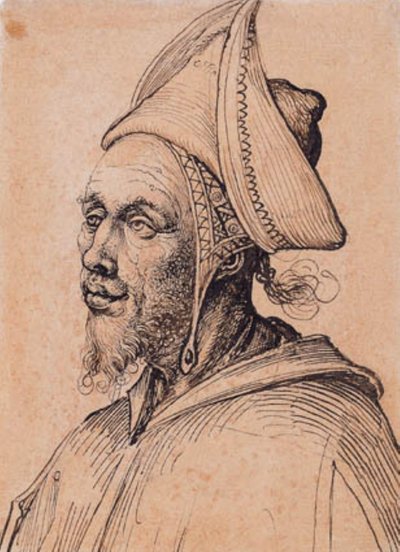 Homem barbudo com capacete oriental pontiagudo de Ubekendt tysk slutningen af 1400 tallet