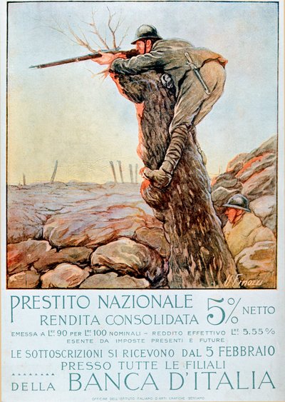 Primeira Guerra Mundial: cartaz italiano incentivando o empréstimo nacional. Ilustração de Ugo Finozzi (século XX). 1914-1918 Atenção! O uso desta obra pode estar sujeito a um pedido de autorização a terceiros ou ao pagamento de taxas adicionais. de Ugo Finozzi