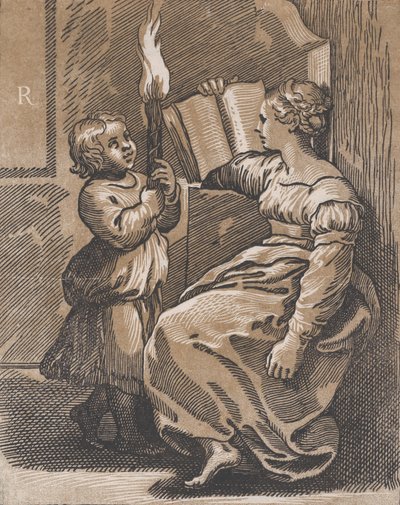 Uma Sibila lendo um livro voltado para a esquerda, depois de 1518. de Ugo da Carpi