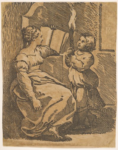 Uma leitura de Sybil voltada para a direita, ca. 1517-18. de Ugo da Carpi