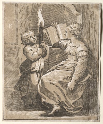Leitura de sibila com uma criança segurando uma tocha, 1518-27. de Ugo da Carpi
