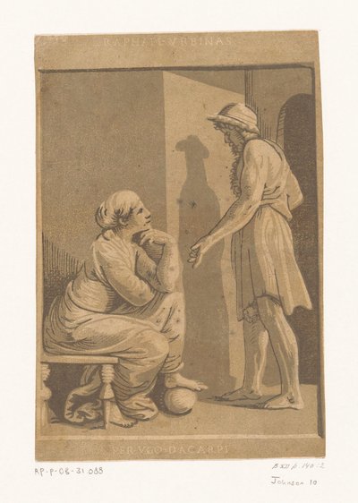 Homem em pé e mulher sentada
O artista Raphael e a sua amante de Ugo da Carpi