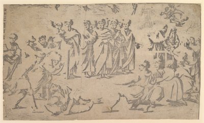 A morte de Ananias cercada por apóstolos, 1518. de Ugo da Carpi