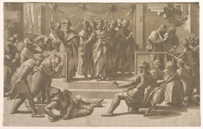 A morte de Ananias, cercada por apóstolos, 1518. de Ugo da Carpi