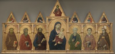 Virgem e Criança com Santos Francisco, André, Paulo, Pedro, Estevão e Luís de Toulouse, c.1317-21 de Ugolino di Nerio